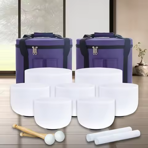 KVKA 7-12 Inch 12"C 11"D 10"E 9"F 8"A 7"G 7"B Set of 7PCS Chakra Frosted Quartz Crystal Singing Bowl