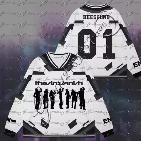 Y2K Thein:vanish Group Silhouette Print Hockey Jersey ENHYPEN Long Sleeve Mesh V Neck Top ENGENE Fan