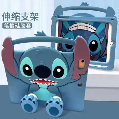 For IPad 9 8 7th Air Mini 2 3 4 5 6 10.9 Pro A16 11 Inch Child Case 3D Cartoon Stitch BracketSilicon