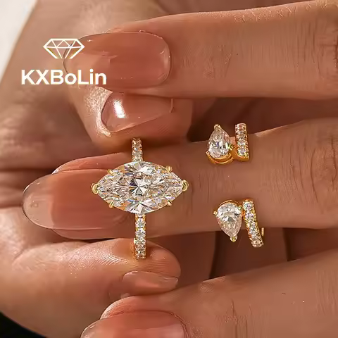 Certified 4CT Marquise Cut Moissanite Diamond Engagement Ring Set for Women 925 Sterling Silver Open