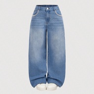 Plus Size Mid-Rise Wide-Leg Jeans, Blue Summer Vacation Woman 90s Spring For Women Y2k Cowgirl For W