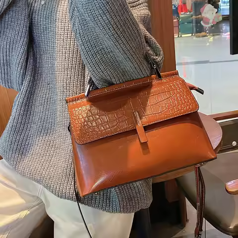 Women's Casual Handbag Oil Wax Leather Single Shoulder Bag Cowhide Crocodile Pattern Fashionable Cro