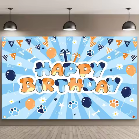 Bluey Paw Print Happy Birthday Backdrop Banner Kids Cartoon Dog Birthday Party Decor for Boys Girls