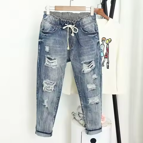Summer Ripped Boyfriend Jeans For Women Fashion Loose Vintage High Waist Jeans Plus Size Jeans 5XL P