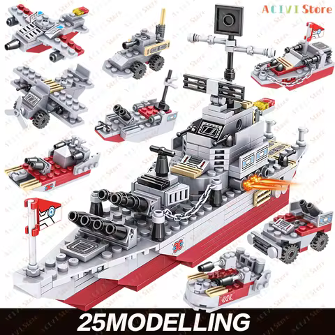 Navy War Chariot Ship Army Boat Plane Model Warships Building Blocks Compatible With Lego Constructi