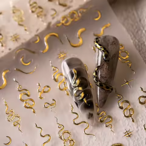 5D Gold Silver Snake Nail Sticker Self-adhesive Slider Lifelike Snake Moon Nail Art Sticker Decal fo