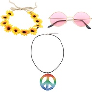 70s Outfits for Girls Women Hippie Costume Set Rainbow Peace Sign Necklace Flower HeadbandHippie Accessories