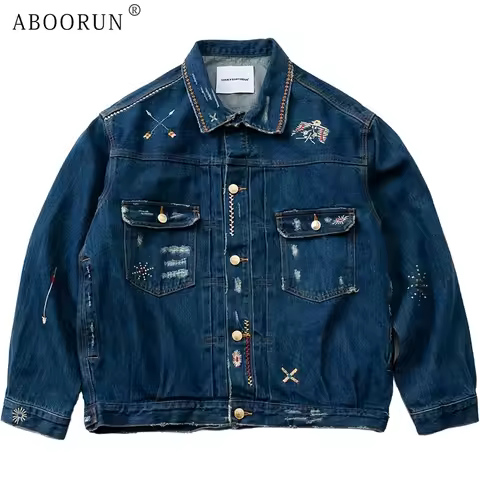 ABOORUN Men's Fashion Denim Jackets Embroidery Ripped Jean Coats for Male