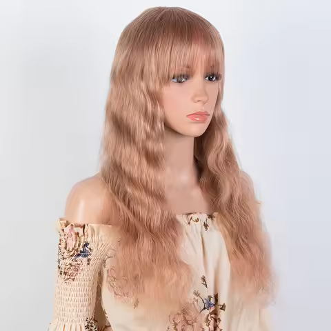 Brazilian Body Wave Human Hair Wig With Bangs For Women Pink Color Remy Human Hair Wigs Full Machine