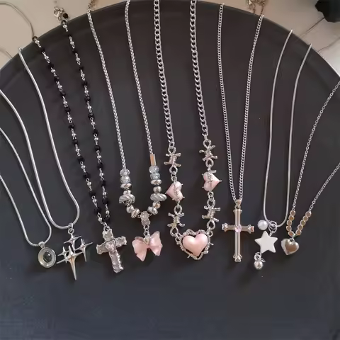 Star Cross Bowknot Pendant Necklace For Women Egirls y2k Cool Neck Jewelry Clavicle Chain Original K