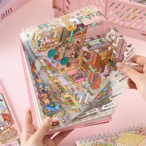 JCAC 49pcs/bag Miniature Scene Sticker Book + Tweezers – Sunny Town 3D Cartoon Cottage DIY Scenery D