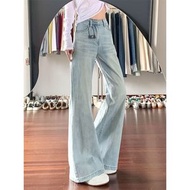 小個子淺藍色不貼腿微喇牛仔褲女2025夏季新款高腰寬鬆百搭喇叭褲-淺藍色 XS