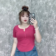 Áo thun Bigsize nữ vạt bầu tay ngắn basic phối nút vải thun gân tăm co giãn thoải mái 45-92kg - G13