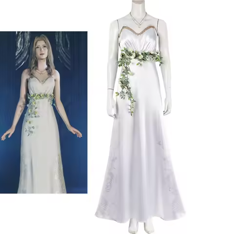 FF7 Game Aerith Cosplay White Dress for Women Elegant Fantasia Evening Gown Halloween Carnival Party