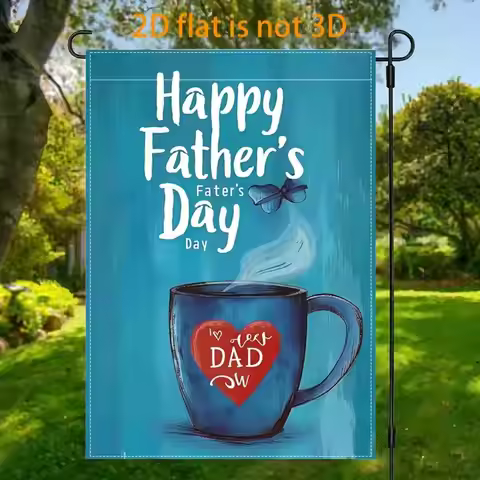 2D Flat 1pc 12x18 Inch Father's Day Coffee Cup Garden Flag, Double Sided Retro Welcome Decor, No Fla