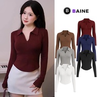 LONG-Sleeve T-Shirt with Zipper Collar Tear Drop Flap Ribbed Long Sleeve DD141, BAINE Bodycon Polo C