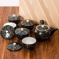 日本進口九谷燒手工側把泡茶壺青粒鉄仙帶蓋茶具套裝一壺五杯禮盒