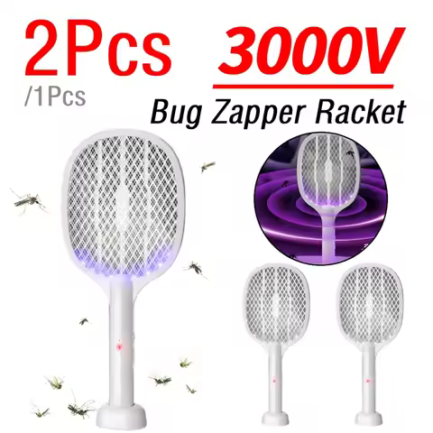 1/2Pcs Handheld Electric Fly Swatter 3000V Bug Zapper Racket 2 IN 1 Fly Swatter with USB Rechargeabl