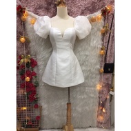 (BC1) Cream White Short Flared Party Dress with 2-Sleeve Cup - Size S