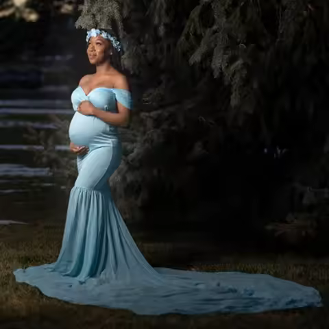 Chiffon Pregnancy Gown Off Shoulder Dress For Pregnant Women Trailing Sweep Length Train Mist Due Da