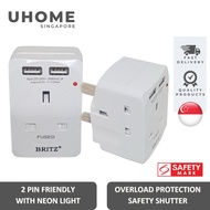 Britz 13A 3 Way Adaptor with 2 USB(2.1A) Ports Overload Protection & Safety Shutter Adapter