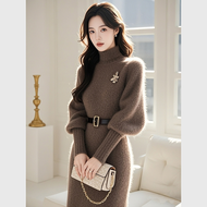 Váy Dài Cổ Cao Kiểu Pháp Màu Nâu Đặc Biệt Cao Cấp Knitted Sweater Base Layer Winter Váy Midi Cổ Chữ
