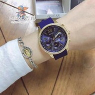 ✨GUESS蓋爾斯手錶 石英女錶 三眼計時腕錶 W0616L2藍色樹脂錶帶 藍色 時尚鑲鑽精品腕錶