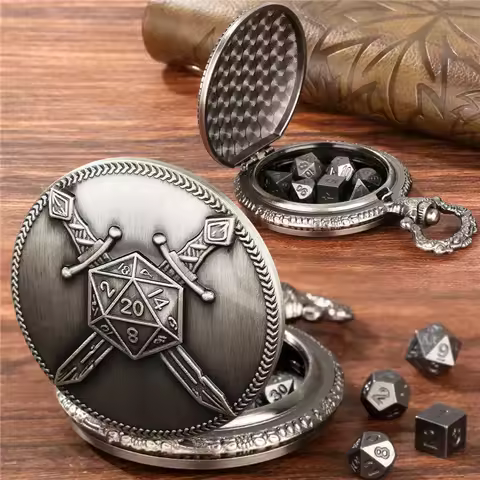 Steampunk 7 x Tiny Metal Polyhedral Dice Set with Double Fighter Swords Pocket Watch Case FOB Chain 
