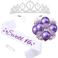Sweet 16 Sash and Rhinestone Tiara Kit, Purple Letter White Birthday Sash Balloons Crystal Silver Ti
