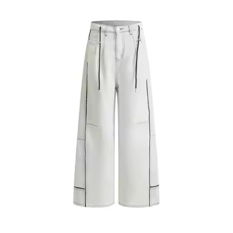 IEFB New Gray White Spliced Design Curved Wide Leg Loose Men's Jeans Drawstring Waist Design Colorbl