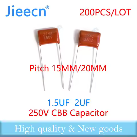 Jieecn 200PCS 15MM 20MM 250V 1.5UF 2UF 155J 205J CBB Polypropylene Film Capacitor High Quality 155K 
