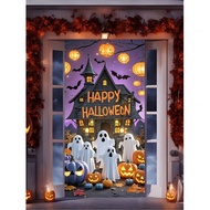 Biểu ngữ rèm cửa 2D, 1 chiếc Halloween Ghost Pumpkin Bat Haunted House Design - 35,4x70,8 inch Polye