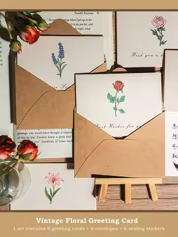 6PCS Vintage Botanical Greeting Cards Simple Cards Valentine's Day Mother's Day Wedding Birthday Mes