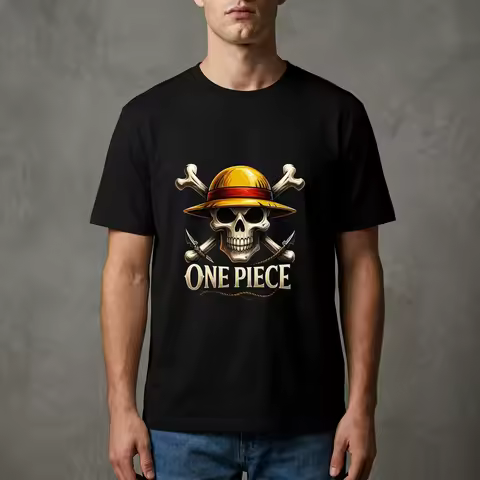 Men's High - Quality Soft Fabric Anime T - Shirt, One Piece Skull & Straw Hat Crossbones Graphic Pri