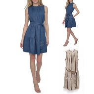 Women's Sleeveless Dress Cutting Fit & Flare Tie Belt | Sleeveless Pleated Crew-Neck Fit and Flare D