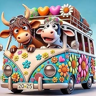 Diamond Painting Forest Cow Kits, 5D DIY Diamond Painting Cow on Bus for Adults Beginners, Full Dril