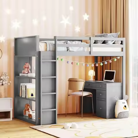 Twin Size Loft Bed with Study Desk, 3-Tier Storage, Safety Rail - Gray
