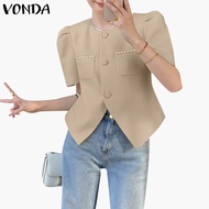 VONDA Women Korean  Short Sleeves Round Neck With Link Chain Blazer