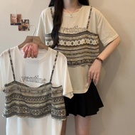 B2631L _ Large Size Fake Two-Piece Short-Sleeved T-Shirt Women 2026 Summer New Style Design Printed 