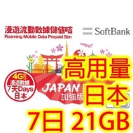 【高用量】日本7日4G 21GB之後降速無限《每日3GB 之後降速128k無限》無限上網卡數據卡Sim卡電話卡咭data