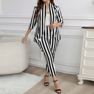 Bộ 2 áo khoác blazer kẻ sọc đen trắng viền bèo nhún cỡ lớn & quần cạp chun, trang phục thường ngày đ