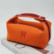 Hermes 愛馬仕 橘色 小款 帆布 拉鍊 便當袋/飯盒包/化妝包/洗漱包