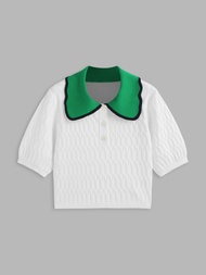 Cider Knitted Polo Contrasting Binding Crop Short Sleeve Top