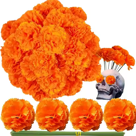 50Pcs Mexican Marigold Artificial Flowers for Day of The Dead Diwali Home DIY Craft Party Halloween 