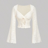 Women's Apricot Lace Knit Long Sleeve T-Shirt, Western,Vintage,70s,The Bachelorette, Fall Outfits Fo