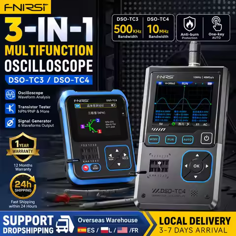 FNIRSI 3 in 1 Oscilloscope Transistor Tester DSO-TC3 TC4 Signal Generator 400V Max Voltage Portable 