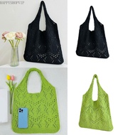 HSV Women Solid Color Knitted Handbag Large Capacity Crocheted Holiday Shoulder Bag