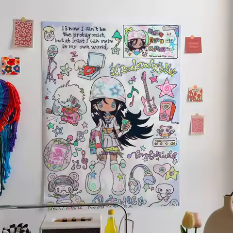 Y2K Cute Cartoon Pattern Tapestry 1pc Niche Splicing Elements Hanging Cloth for Bedroom Wall Decor B