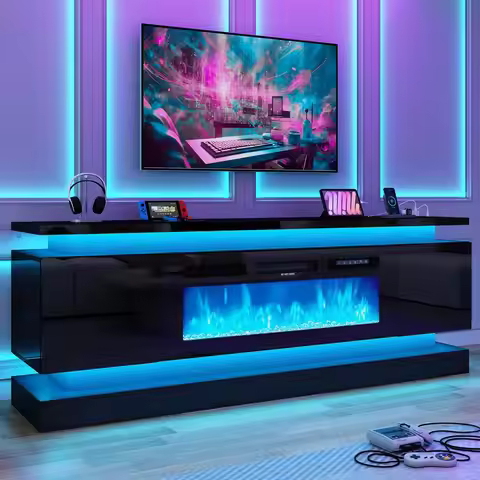 71IN LED TV Stands w/40 inch Fireplace Power Outlet for 85/80/75 Inch TVs,High Glossy Modern TV Medi