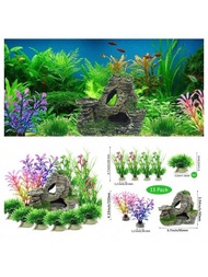 13入組水族箱裝飾植物人工水草魚缸景觀塑料假花景觀裝飾